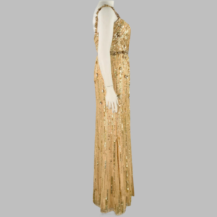 JENNY PACKHAM Pre-Fall 2022 Size 10 Bright Gem Gold Nude Polyester Beaded Sleeveless Evening Gown
