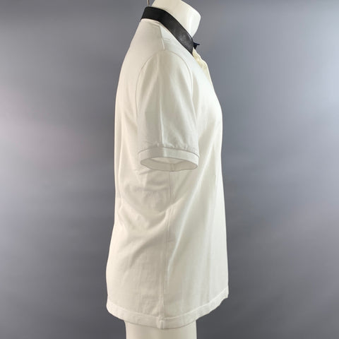 GUCCI Size M White Black Mixed Fabrics Cotton Leather Hidden Buttons Polo