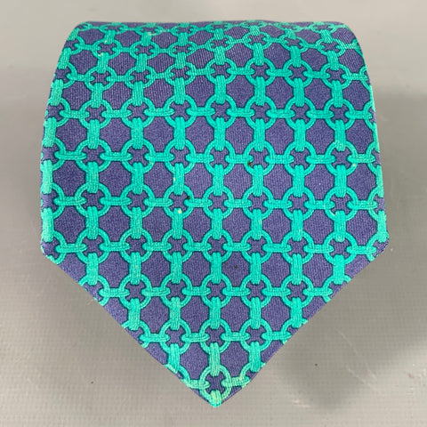 HERMES Navy Green Woven Chain Silk Tie