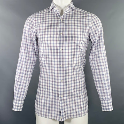 ISAIA Size M White Grey Purple Plaid Cotton Spread Collar Long Sleeve Shirt