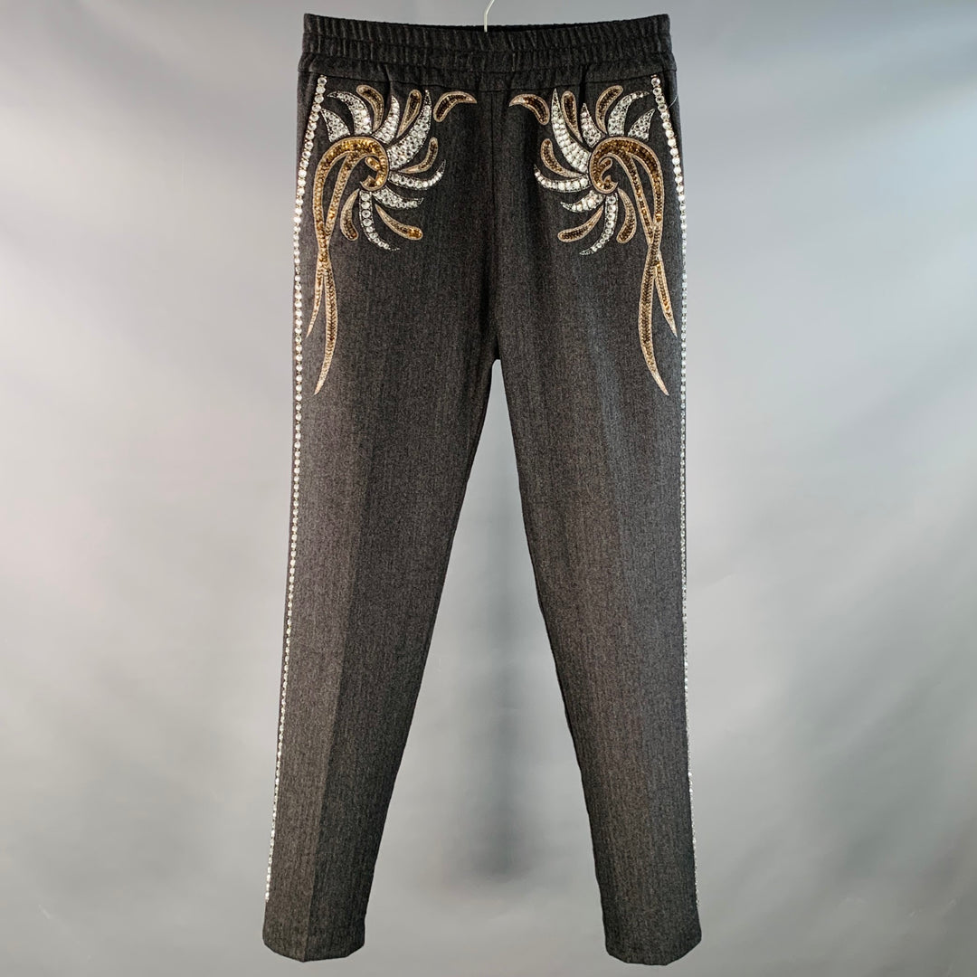 DRIES VAN NOTEN Size 28 Grey Silver Gold Herringbone Rhinestones Beaded Wool Dress Pants