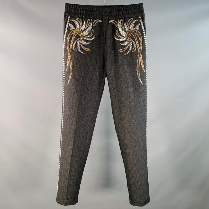 DRIES VAN NOTEN Size 28 Grey Silver Gold Herringbone Rhinestones Beaded Wool Dress Pants