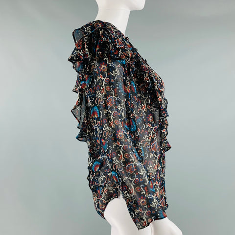 VERONICA BEARD Taille 8 Blouse à volants en soie multicolore noire