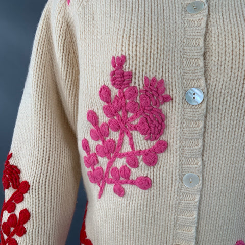FRANCES VALENTINE Size M Beige Red Pink Lambswool Knit Floral Cardigan
