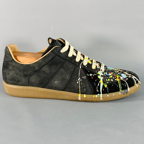 MAISON MARGIELA Size 9.5 Black Multi Color Lambskin Suede Paint Splatter Sneakers