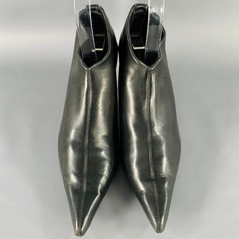 THE ROW Size 7.5 Black Leather Pointed Toe Kitten Heel Ankle Boots