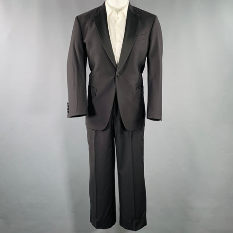 BROOKS BROTHERS Size 40 Black Wool Single Button Suspenders Tuxedo