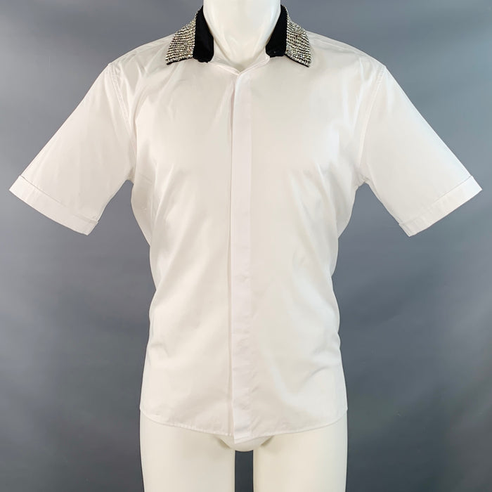 HAIDER ACKERMANN Size S White Beaded Cotton Crystals Hidden Placket Short Sleeve Shirt