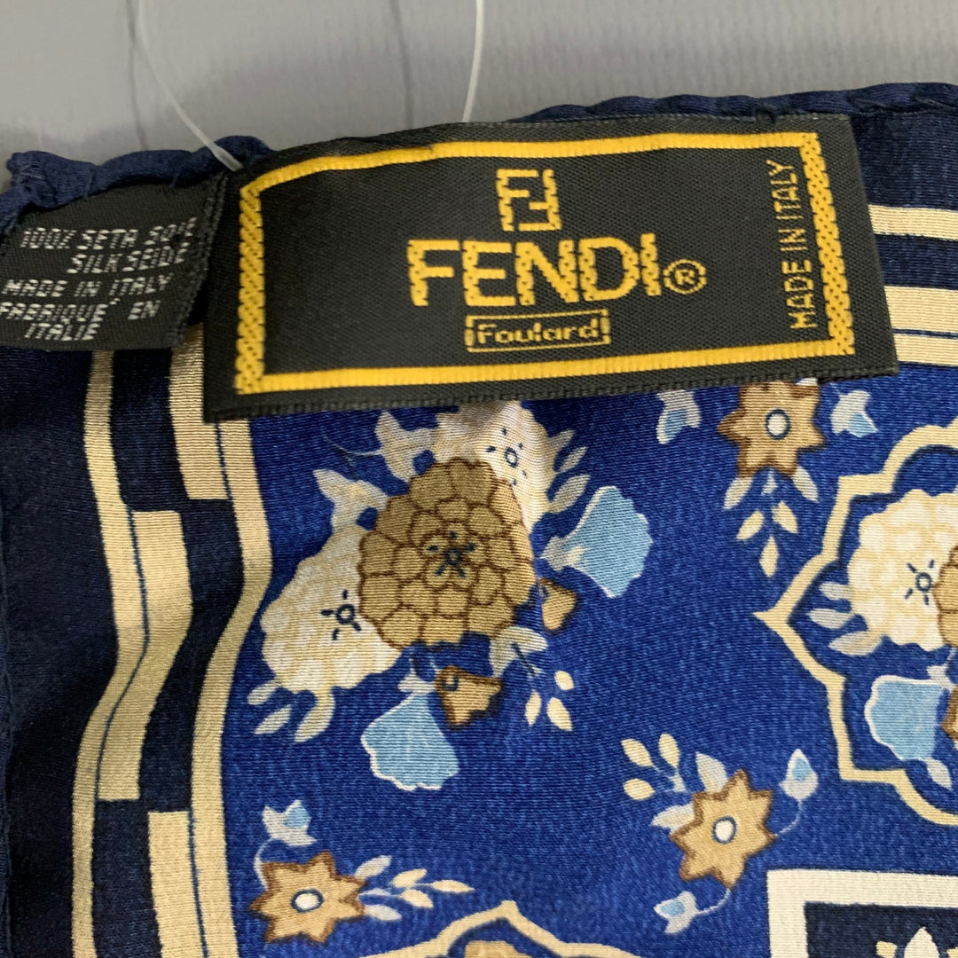 FENDI Blue Beige Abstract Floral Silk Square Scarf