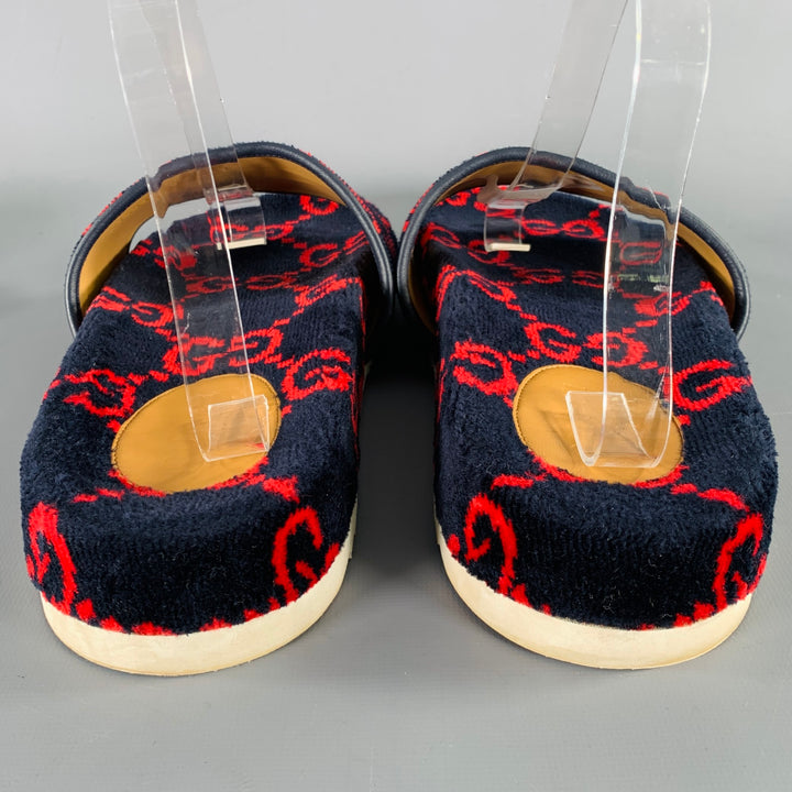 GUCCI Size 10.5 Black Red Guccissima Monogram Velvet Slip On Sandals