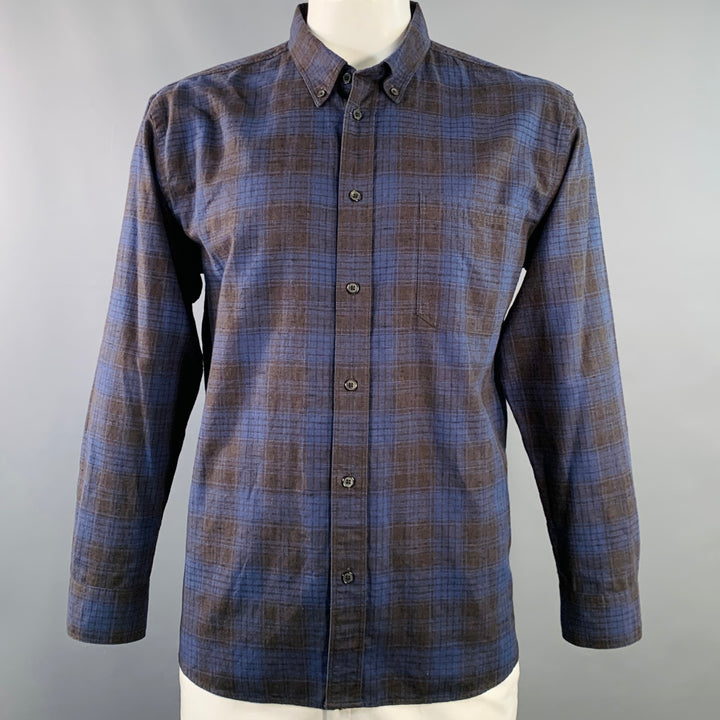 BILLY REID Size XL Black Navy Plaid Cotton One Pocket Long Sleeve Shirt