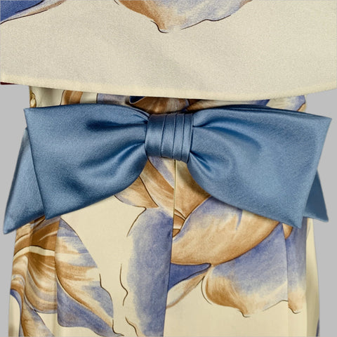 RIZIK BROS. Size 6 Cream Blue Tan Silk Floral Shawl Strapless Gown