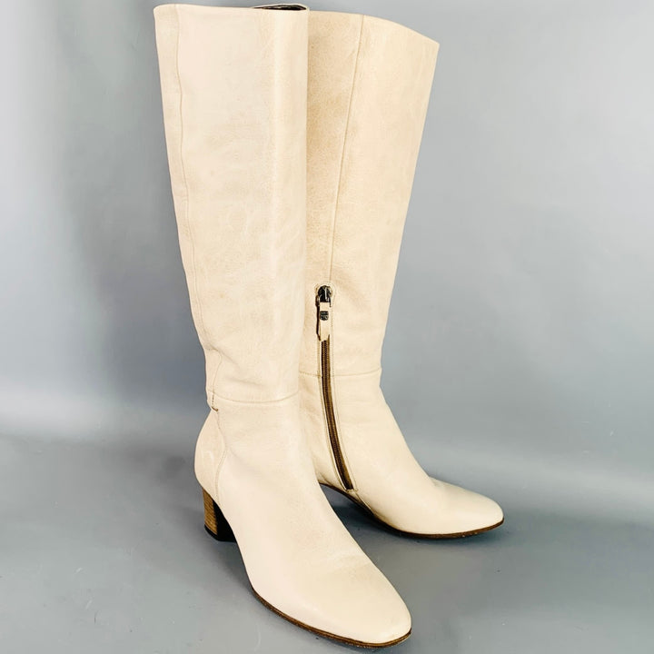 PANTANETTI Size 7.5 Beige Leather Stacked Heel Calf High Boots