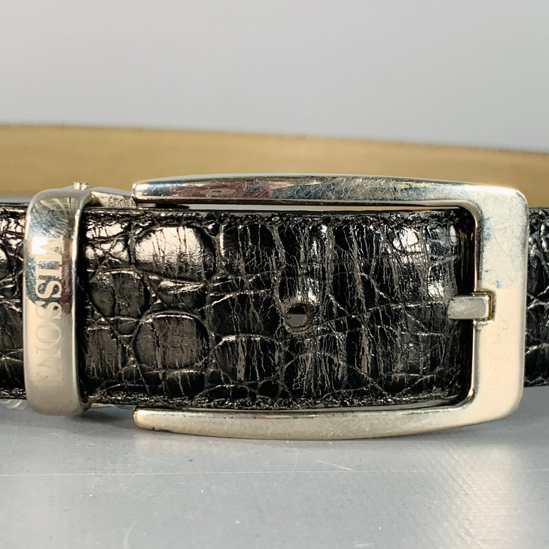 MISSONI Size 43 Black Silver Embossed Leather Belt