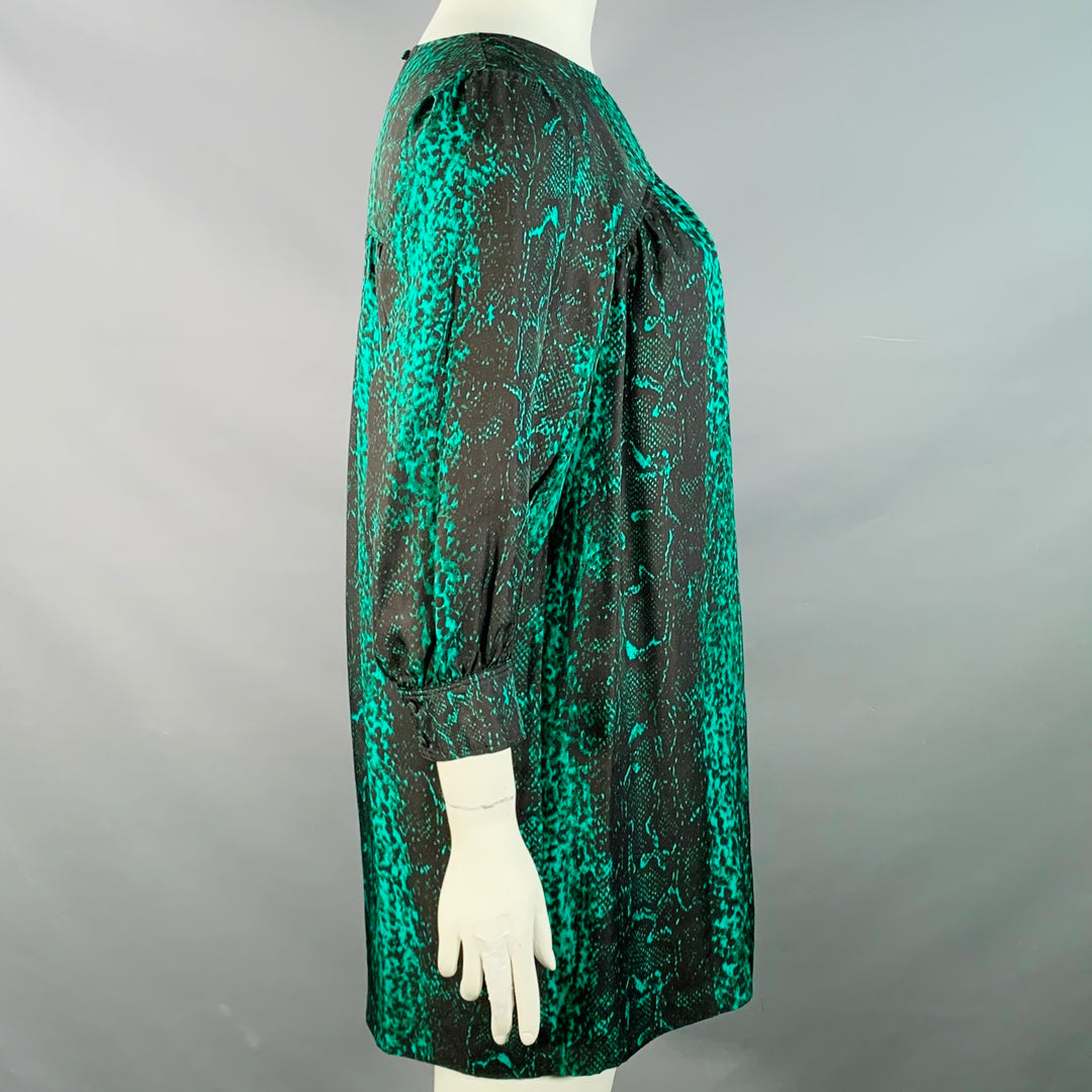 MANOUSH Size 10 Black Green Silk Snakeskin Print Long Sleeve Midi Dress