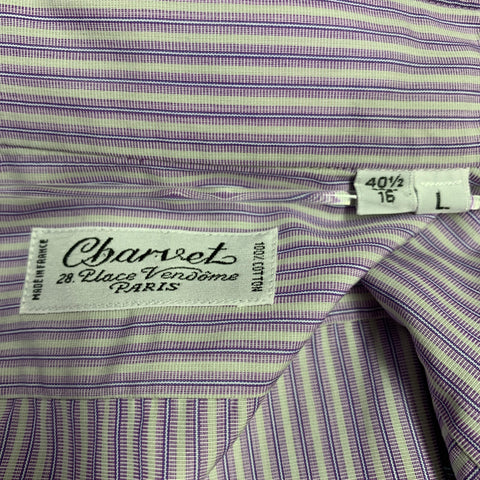 CHARVET Size L White Lavender Stripe Cotton Curved Cutaway Long Sleeve Shirt
