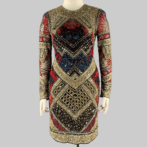 NAEEM KHAN Size 8 Silver Red & Blue Nylon Sequined Midi Cocktail Dress