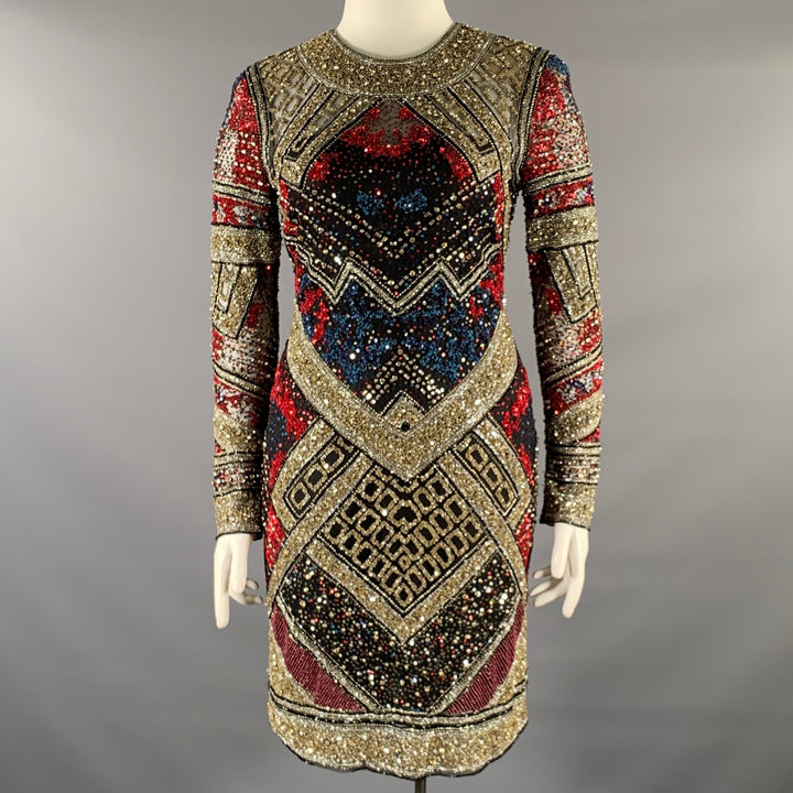 NAEEM KHAN Size 8 Silver Red & Blue Nylon Sequined Midi Cocktail Dress