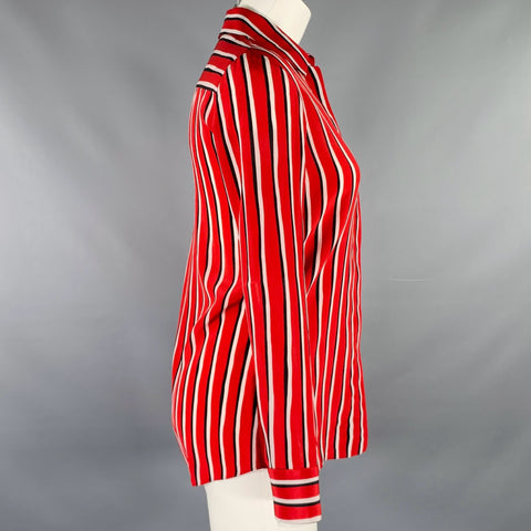ALTUZARRA Size 0 Red Black White Silk Stripe Hidden Buttons Casual Top