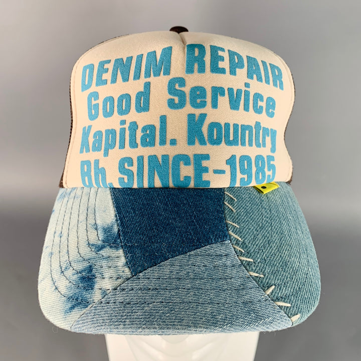 KAPITAL KOUNTRY Denim Repair Blue Beige Patchwork Denim Mesh Trucker Hat