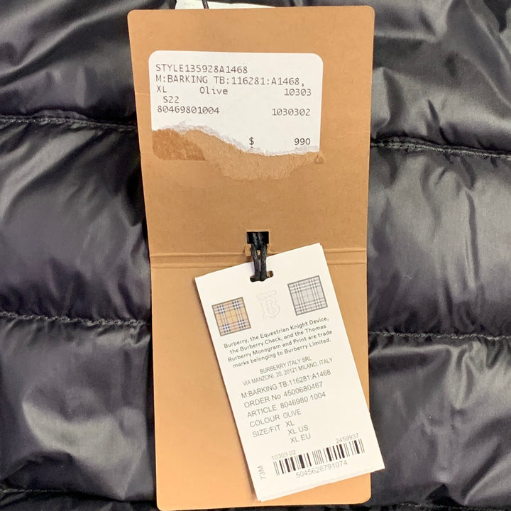 BURBERRY FW22 Size XL Barking Black Olive Quilted Polyamide Hooded Coat