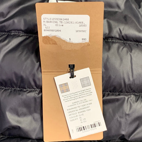 Manteau à capuche BURBERRY FW22 taille XL en polyamide matelassé noir olive « Barking »