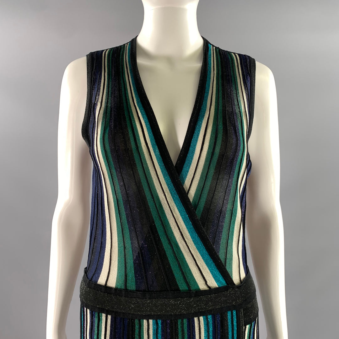 DIANE VON FURSTENBERG Size M Black Green Silk Blend Stripe Wrap Mid-Calf Dress