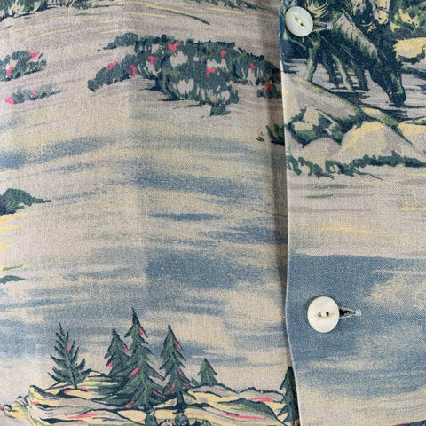 RRL by RALPH LAUREN Size M Blue Grey Yellow Cowboys Print Camp Short Sleeve Shirt