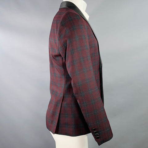 NICK GRAHAM Size 38 New York Cut Burgundy Black Checkered Polyester Blend Shawl Collar Tuxedo Jacket