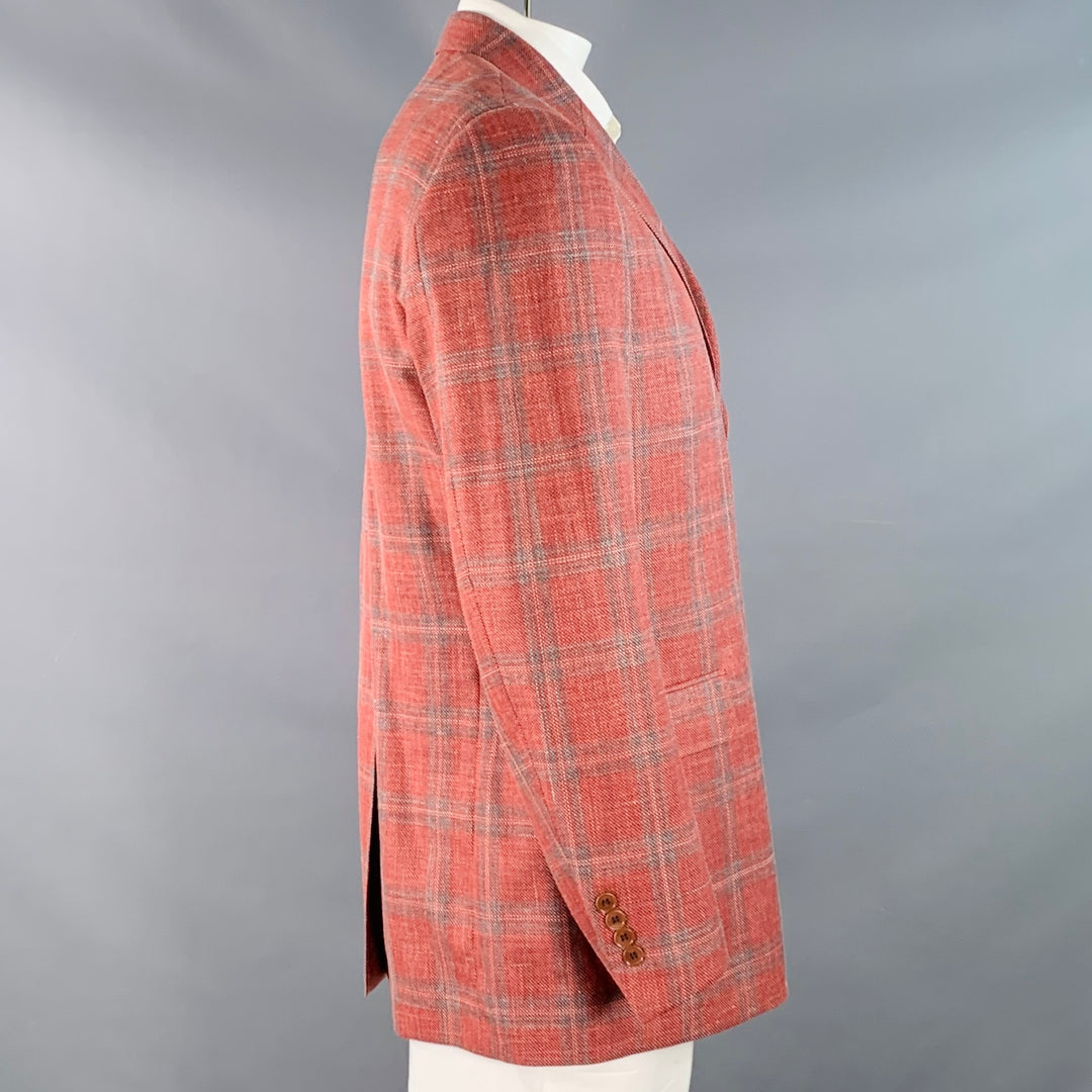 O'CONNELL'S Size 42 Long Blue & Raspberry Plaid Wool Linen Silk Sport Coat