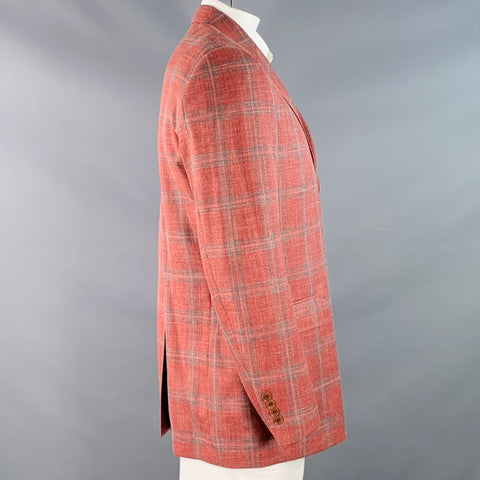 O'CONNELL'S Size 42 Long Blue & Raspberry Plaid Wool Linen Silk Sport Coat