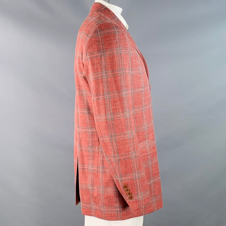 O'CONNELL'S Size 42 Long Blue & Raspberry Plaid Wool Linen Silk Sport Coat