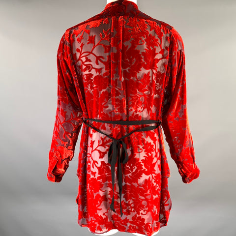 ANN DEMEULEMEESTER Size S Red Silk Blend Band Collar Long Sleeve Shirt