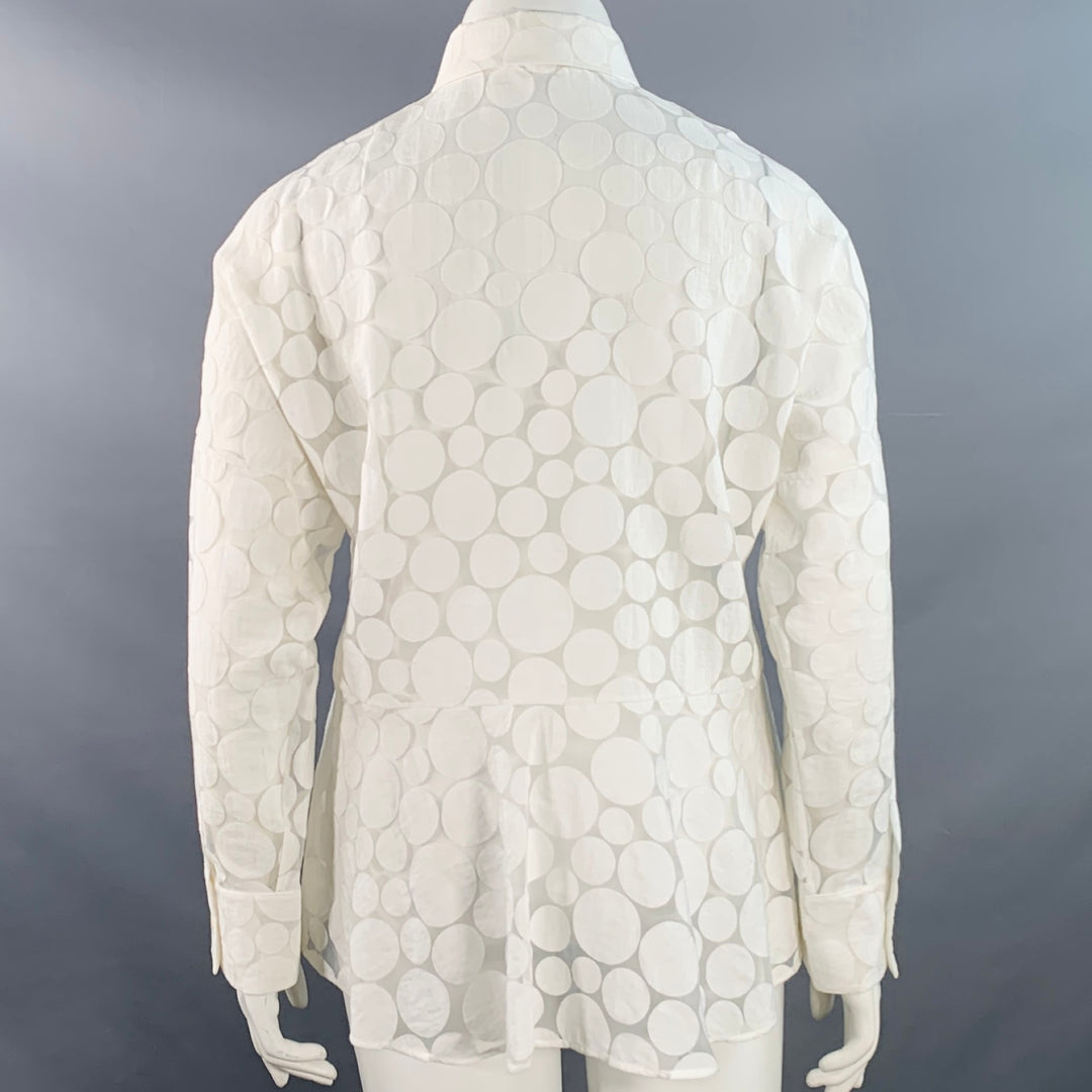 AKRIS Size 12 White Cotton Polka Dot Point Collar Button Up Shirt