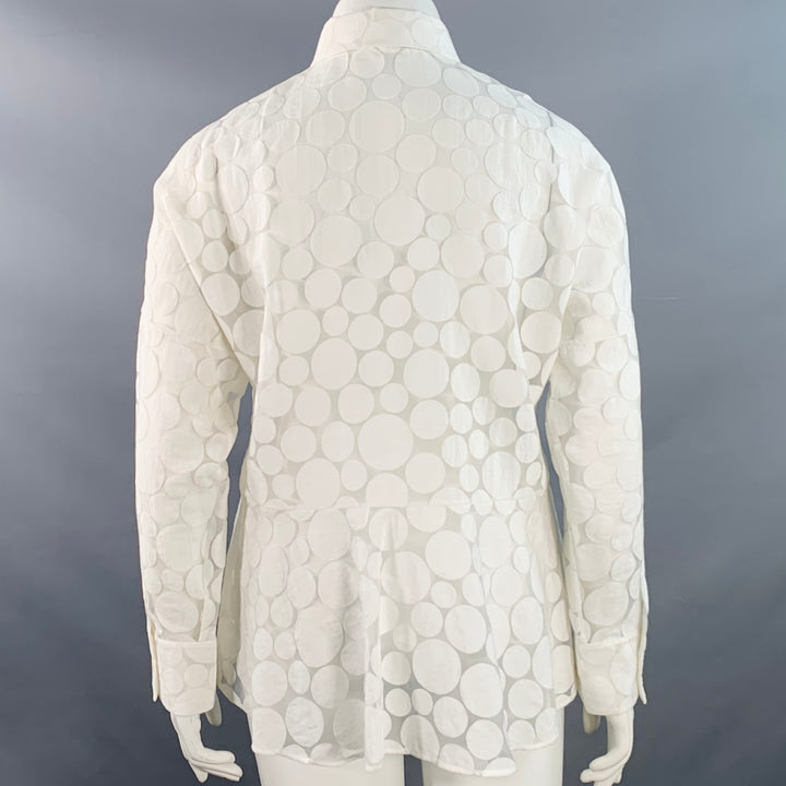 AKRIS Size 12 White Cotton Polka Dot Point Collar Button Up Shirt