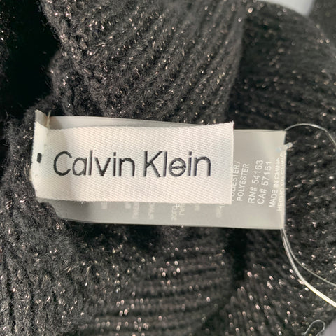 CALVIN KLEIN Black Silver Knit Polyester Blend Scarf Beanie Set