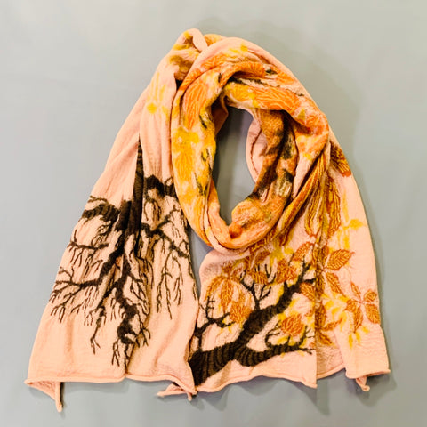KAPITAL Pink Orange Brown Falling Leaves Tree Oversized Wool Scarf