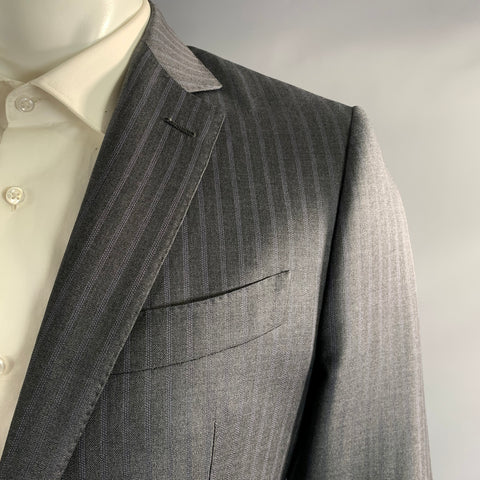 E-RAVE CUSTOM SHOP Chest Size 42 Grey Blue Pinstripe Wool Notch Lapel 34 33 Suit