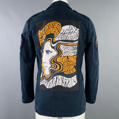 DRIES VAN NOTEN Size 38 Navy Beige White Graphic Cotton Jacket