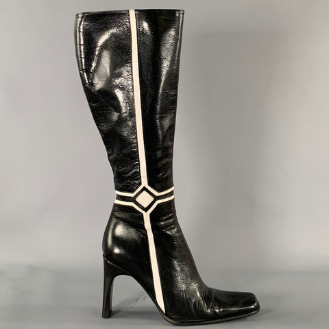 PAOLO IANTORNO Size 6 Black White Leather Geometric Knee Length Boots
