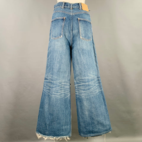 CELINE Size 32 Marco Blue Cotton Distressed Raw Edge Wide Leg Jeans