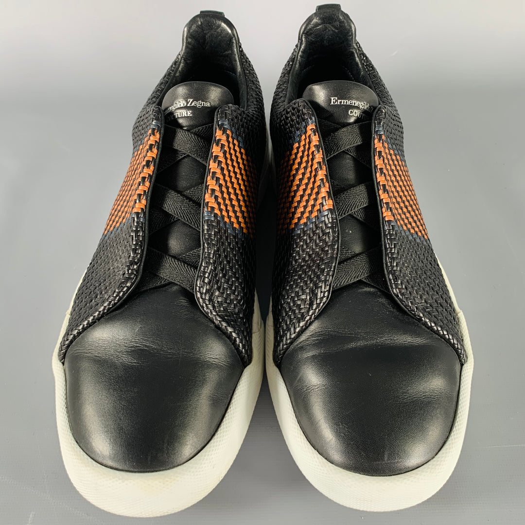 ERMENEGILDO ZEGNA Size 12 Black Brown Woven Leather Slip On Sneakers