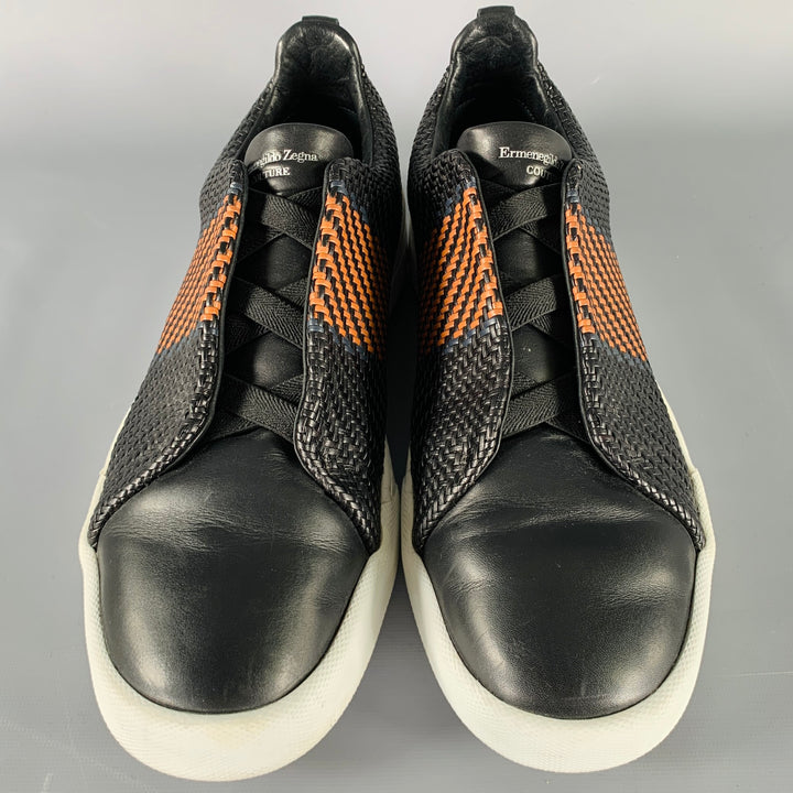 ERMENEGILDO ZEGNA Size 12 Black Brown Woven Leather Slip On Sneakers