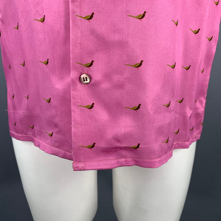 DRIES VAN NOTEN Size S Pink Green Black Birds Short Sleeve Shirt