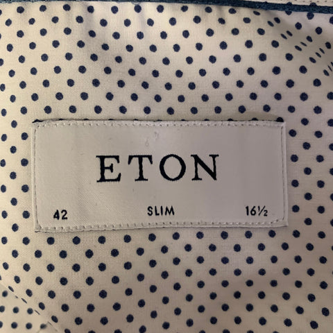 ETON Size M White Navy Polka Dot Cotton Pointed Collar Long Sleeve Shirt
