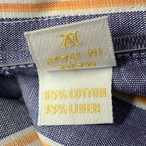 BRIONI Size L Blue Orange White Stripe Linen Long Sleeve Shirt