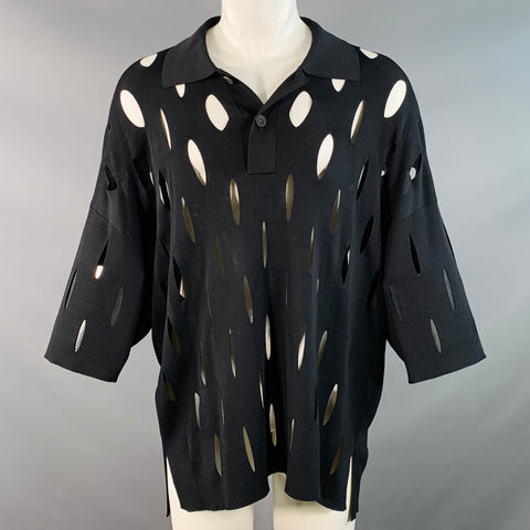 MAISON SPECIAL Limited Edition Size M Black Perforated Rayon Blend Oversized Polo
