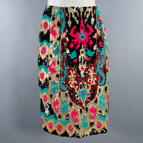 NAEEM KHAN Size S Black Pink Green Sequined Pencil Below Knee Skirt