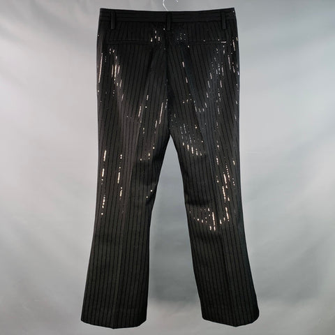 PHIX Size 34 Black Pinstripe Wool Blend Sequined Wide Leg Dress Pants