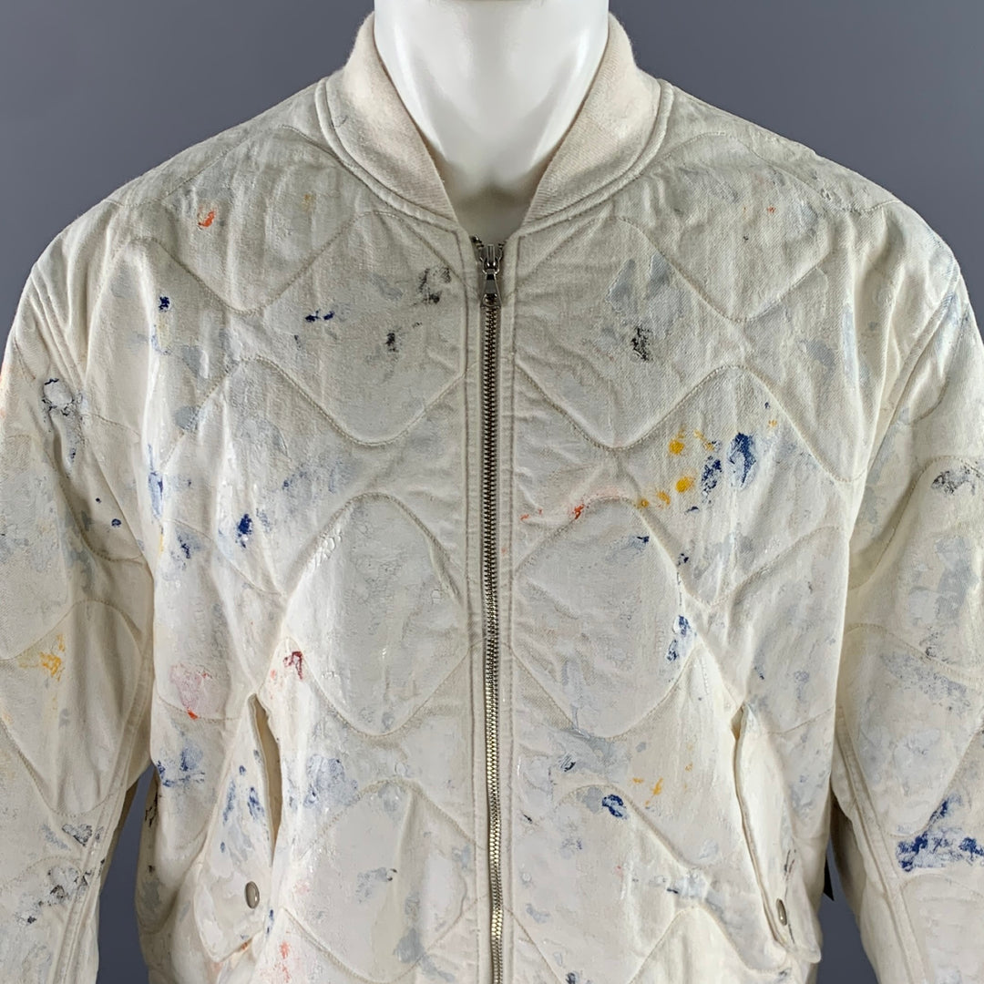 JOHN ELLIOTT Size XL White Navy Paint Splatter Cotton Bomber Jacket